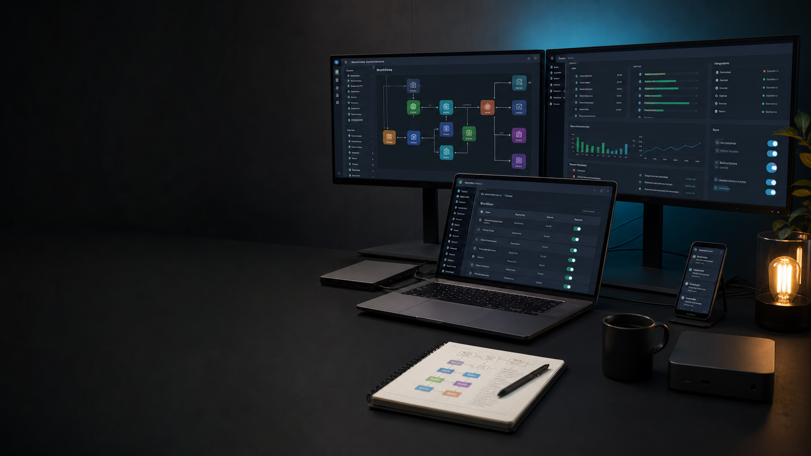 Modern automation workspace with workflow builder, scheduled jobs, integrations, operational reporting, and connected business systems