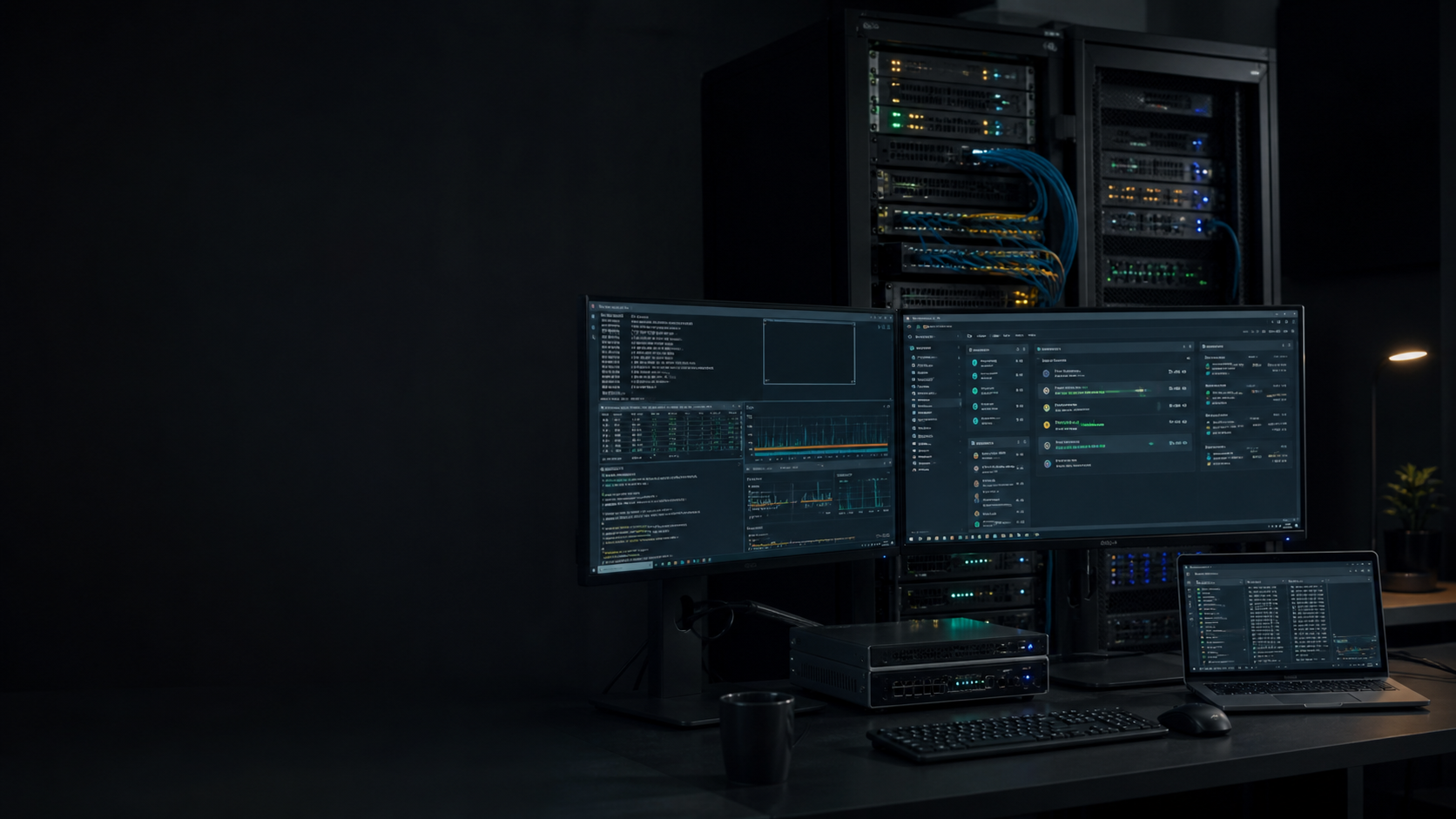 Modern DevOps workspace with server racks, Linux operations screens, deployment status, logs, and infrastructure monitoring