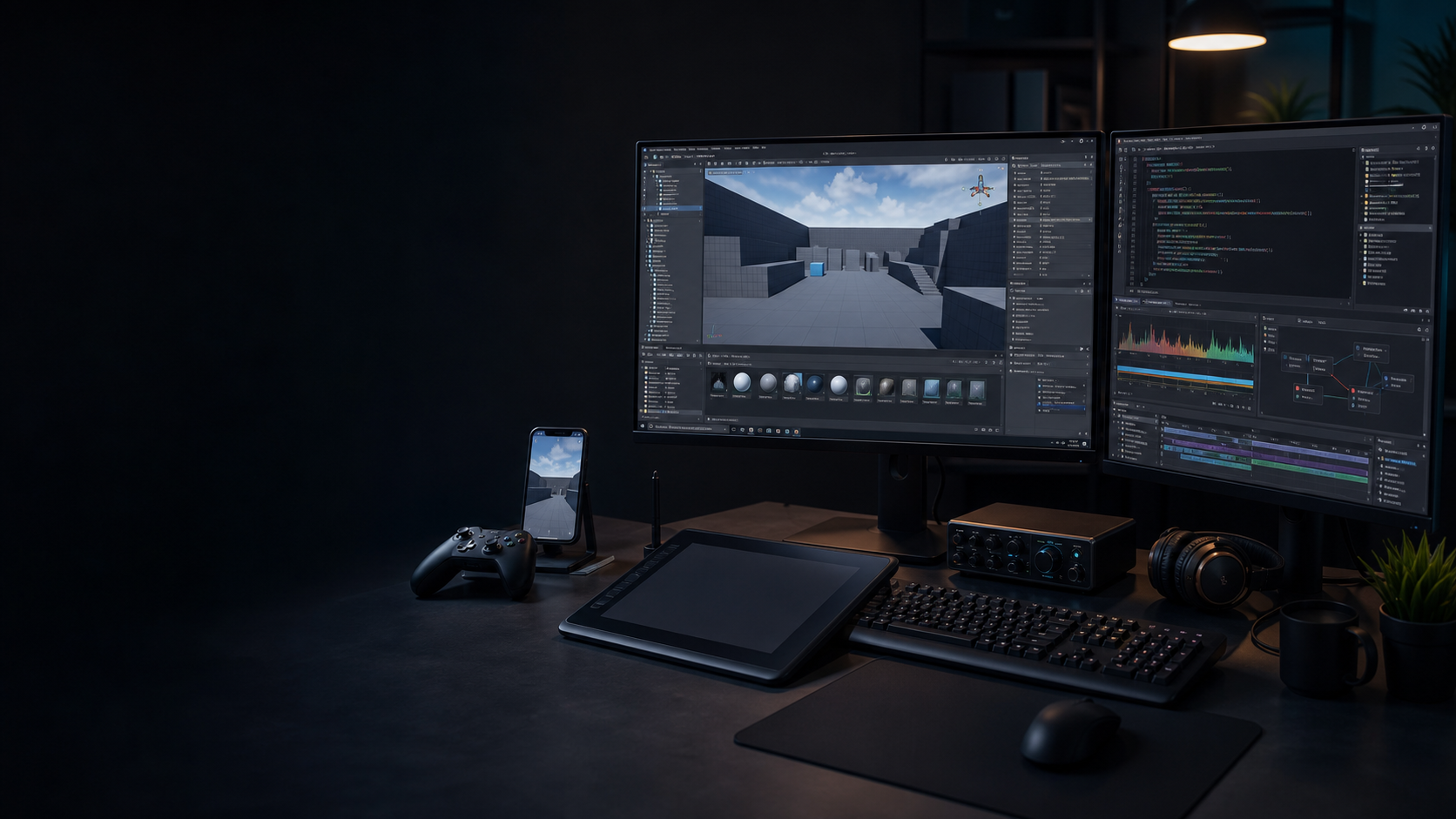 Modern game development workspace with engine editor, code, profiling, animation timeline, controller, test device, and graphics tablet
