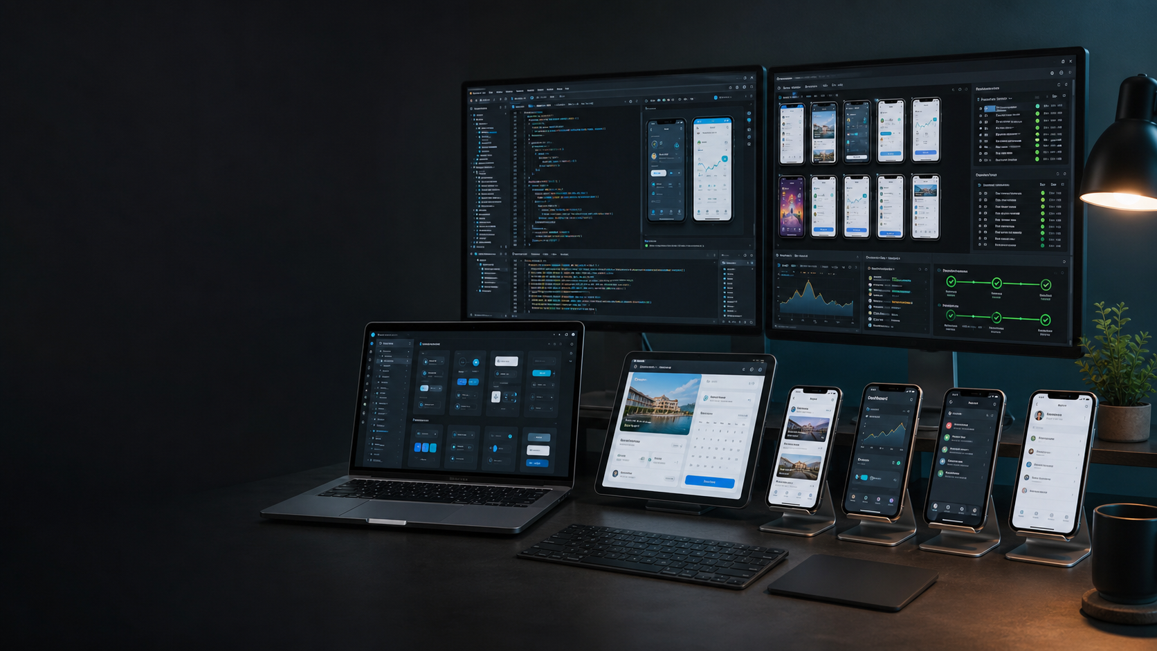 Modern mobile app development workspace with iOS and Android test devices, responsive interfaces, IDE, automated testing, and release pipeline