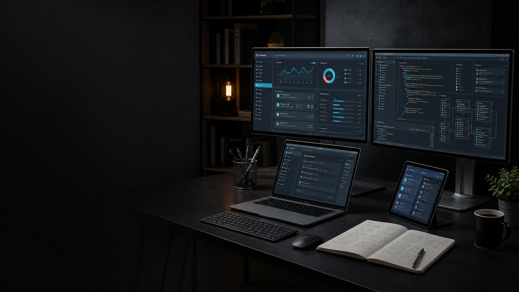 Modern web platform development workspace with business dashboards, code, database structures, and responsive application screens