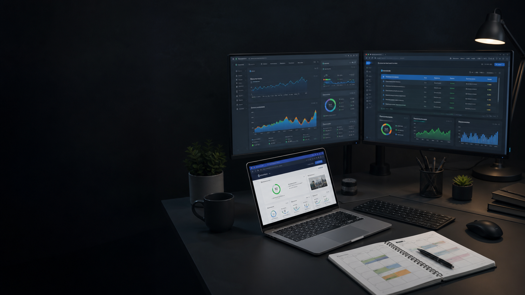 Modern SEO and growth workspace with search performance, site audit, web vitals, indexing, analytics, and content planning screens