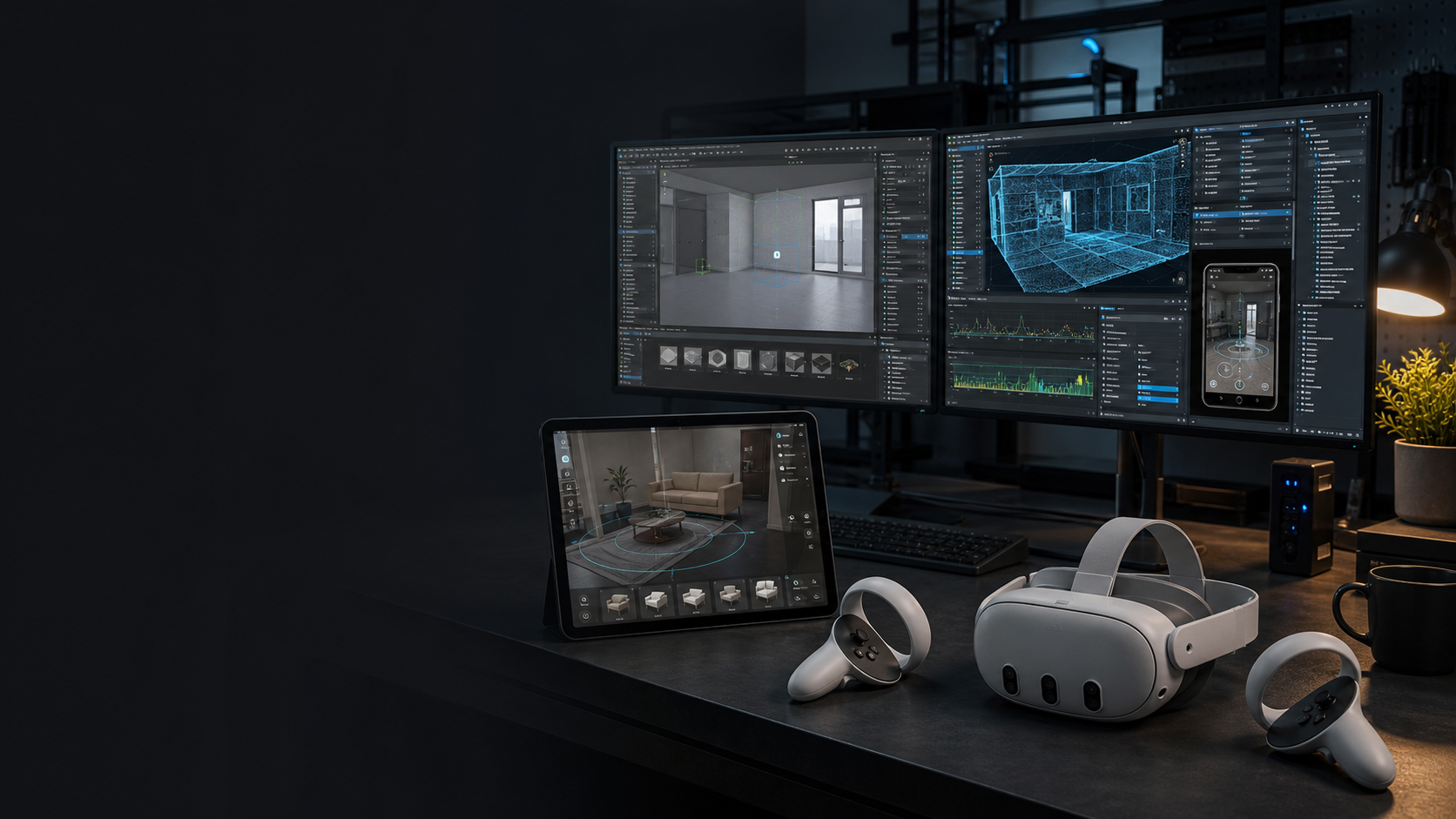 Modern VR and AR development workspace with headset, controllers, room mapping, spatial anchors, 3D editor, and performance profiling