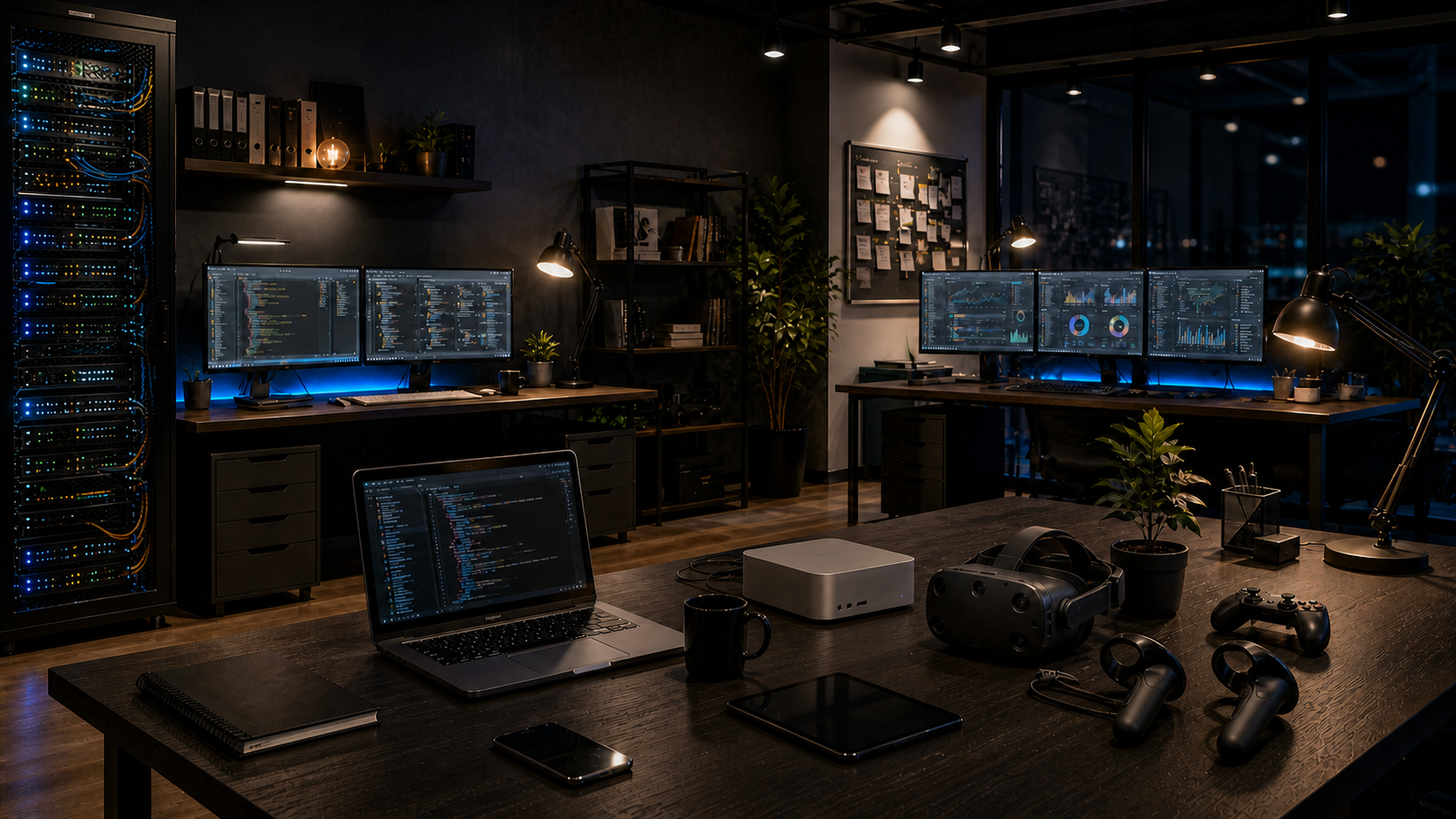 Detailed dark technology studio with server rack, development workstations, analytics displays, VR headset and controllers, mobile devices, game controller, and compact desktop computer
